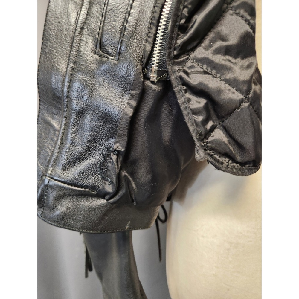 Vintage 90s Wilsons Leather Jacket Black Fringe Rose Floral Western Biker‎ Large - Picture 7 of 8